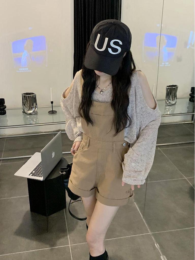 Солнцезащитная рубашка с открытыми плечами и универсальные джинсовые шорты-комбинезон для женщин