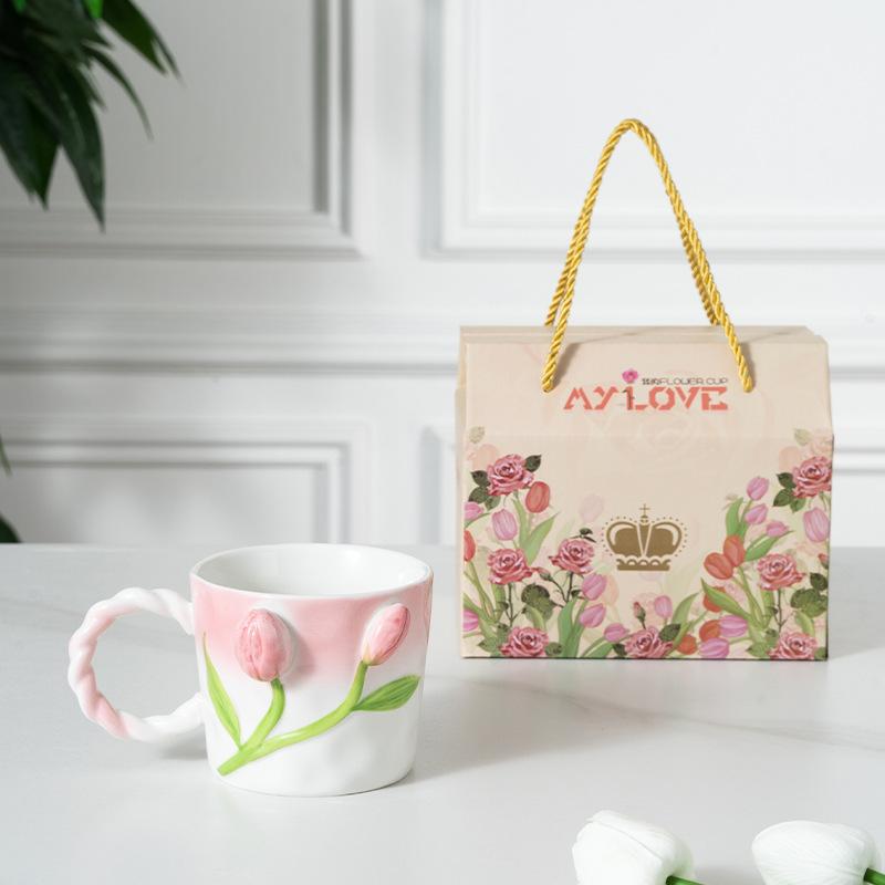 Three-Dimensional Relief Tulip White Porcelain Ceramic Water Cup Coffee Cup Souvenir Gift