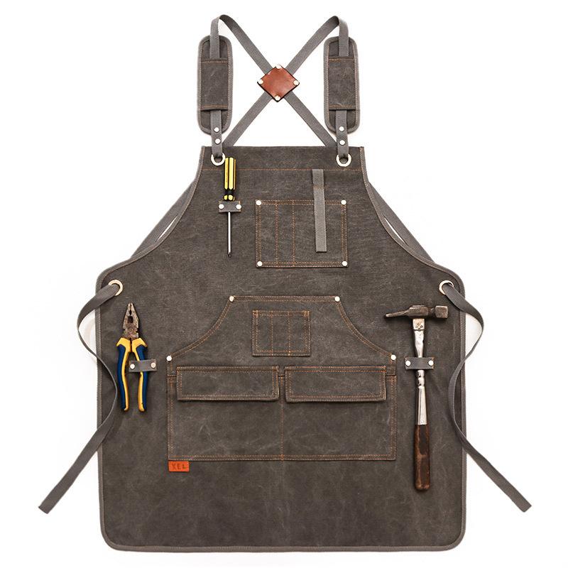 1 Pc Unisex Canvas Work Apron with Tool Pockets Cross-Back Straps Adjustable for Woodworking Painting