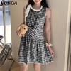 Женские летние платья в клетку с круглым вырезом без рукавов и завязкой
