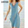 Летнее женское платье больших размеров, однотонное хлопково-льняное платье миди без рукавов с U-образным вырезом и карманами