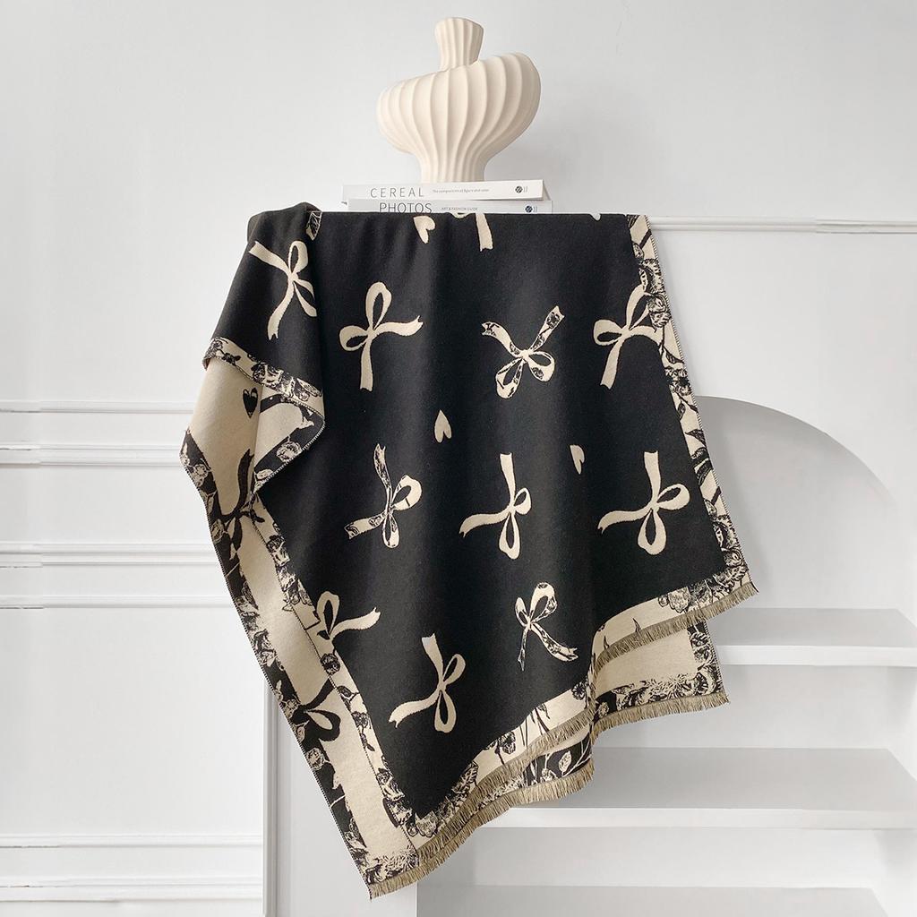 Women New Elegance Bow Print Scarf Winter Warmer Pashmina Two-Sided Scarves Female Shawls Thick Blanket Wraps Foulard Scarf