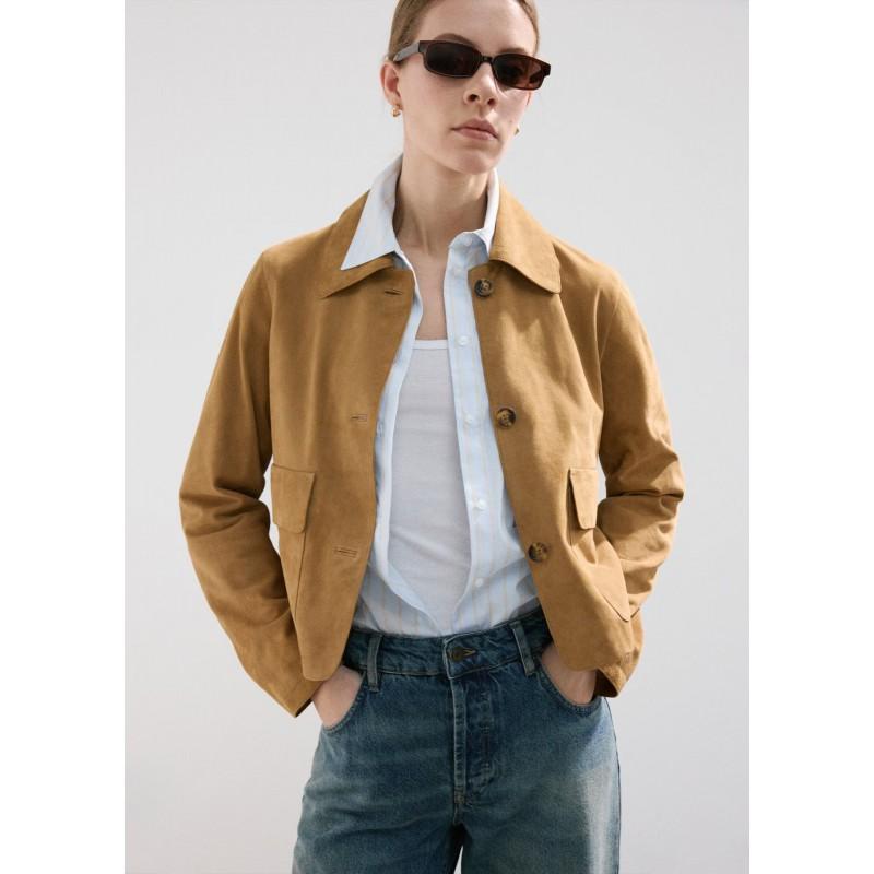 Womens Khaki Faux Suede Short Utility Jacket Loose Fit Vintage Style Workwear Coat