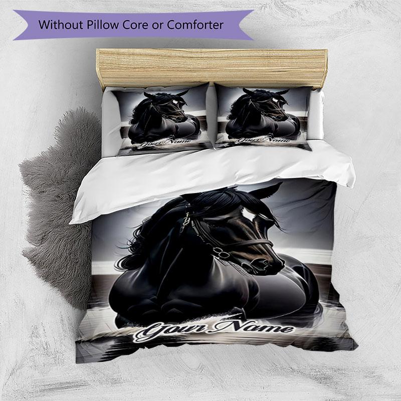 3PC Custom Name Elegant Black Horse Portrait Bedding Set Printed Bedding Set Duvet Cover Closure Includes 1 Duvet Cover & 2 Pillowcases for All Season