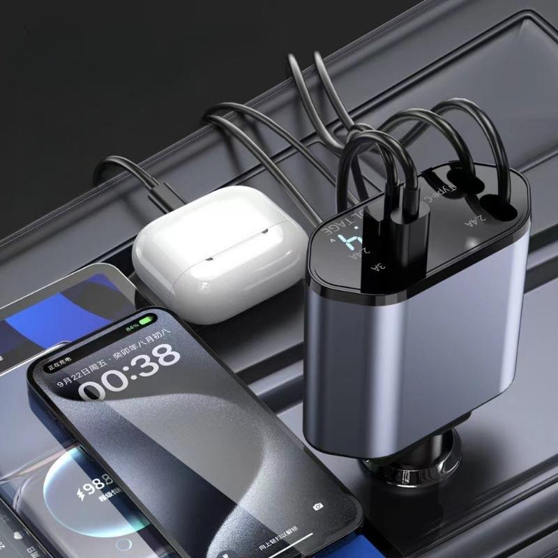 Автомобильный адаптер-зарядное устройство 120 Вт Быстрая зарядка USB Type C Кабель для быстрой зарядки с выдвижными шнурами Подходит для iPhone 16/15/14/13/12 Samsung