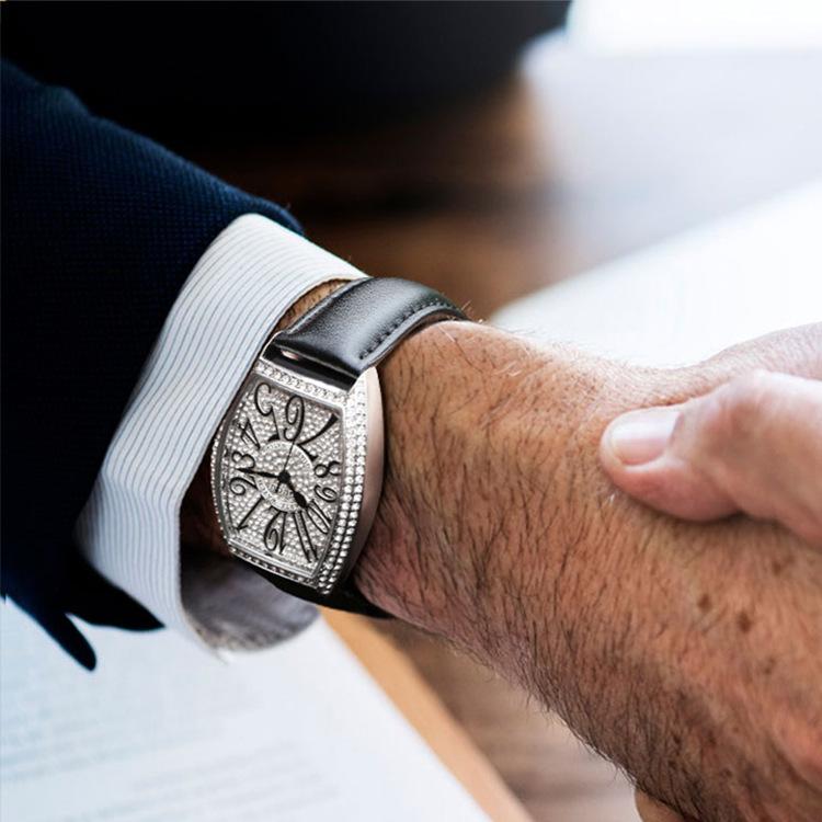 Watch Men's Business Style Atmospheric Rhinestone Watch Barrel-shaped Large Dial Watch Genuine Leather Belt Waterproof Men's Watch