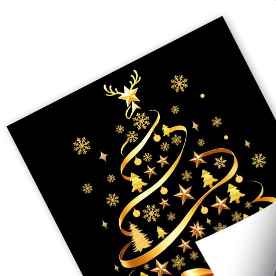 Removable PVC Window Stickers Gold Ribbon Christmas Tree Static Cling, Glass Sticker with Bow, Reindeer Xmas Elk Starlight Decals Antler & Star