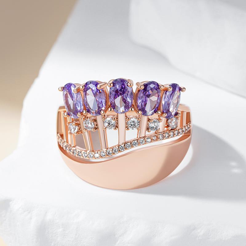 Блестящие фиолетовые натуральные цирконы, большие кольца для женщин, модные, цвет розового золота, хрустальный цветок, винтажные свадебные украшения
