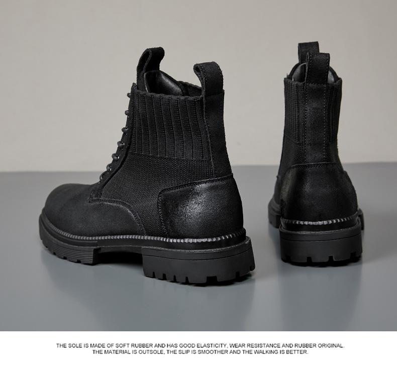 Men's Trendy British-Style Genuine Leather Lace-Up Martin Boots, Thick Sole, High Top, Elastic Design, Suitable for Outdoor Hiking.