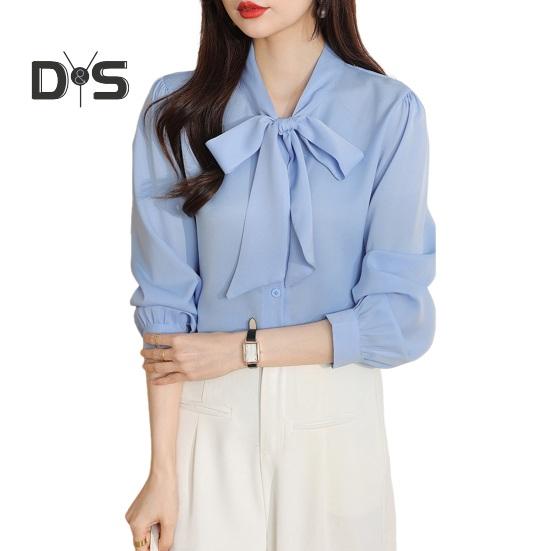 Женская рубашка со шнуровкой и бантом на воротнике, с длинным рукавом, повседневная рубашка, однотонная, свободная, шифоновая рубашка, топы, повседневная одежда