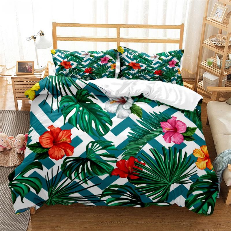 Tropical Leaf Duvet Cover Set All Season Soft Bedding with Pillowcases Single Double Queen King Size