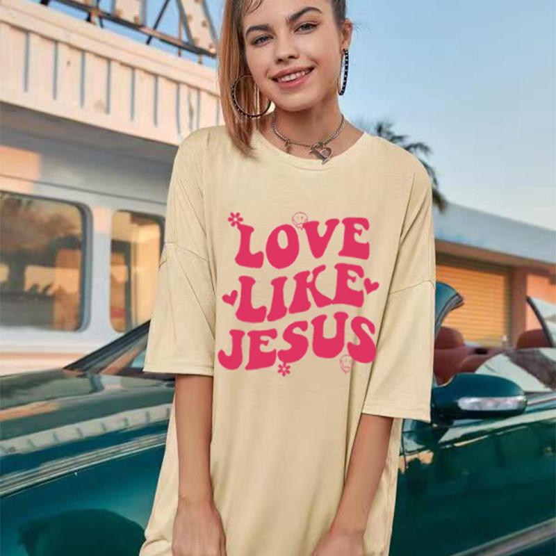 LOVE LIKE JESUS ​​Красочная футболка большого размера, христианская модная летняя забавная свободная футболка, женская модная повседневная эстетичная футболка
