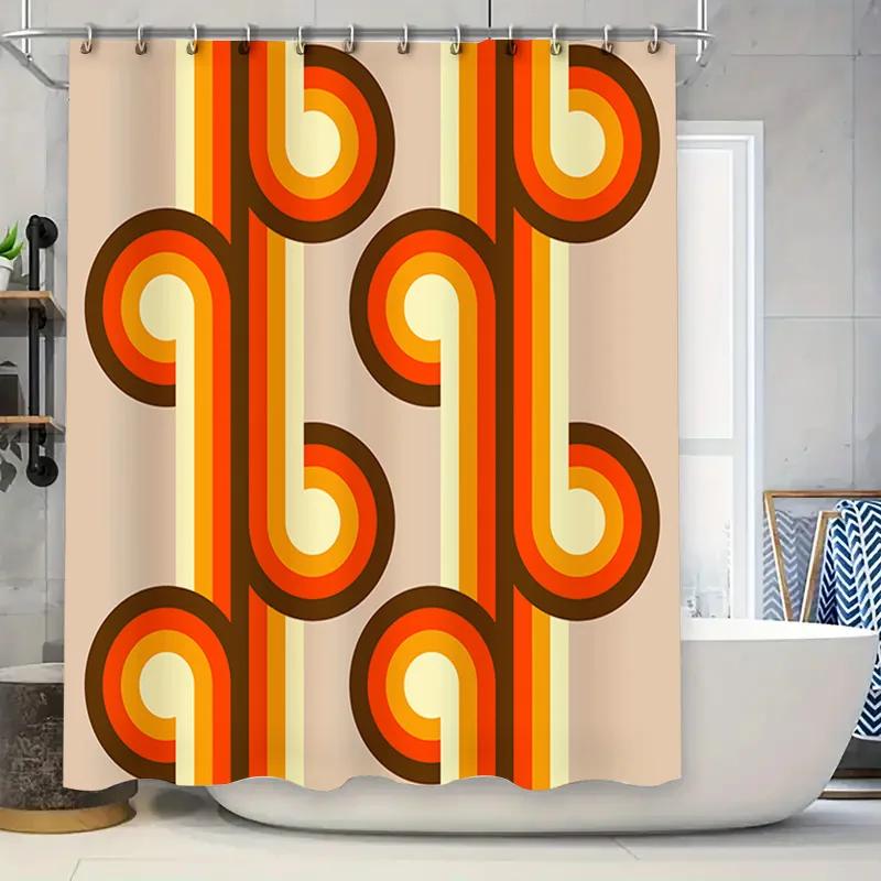 Modern Retro Bathroom Decor Shower Curtain with Vibrant Stripes for Home Bath Design Orange Red Yellow Brown Colorful
