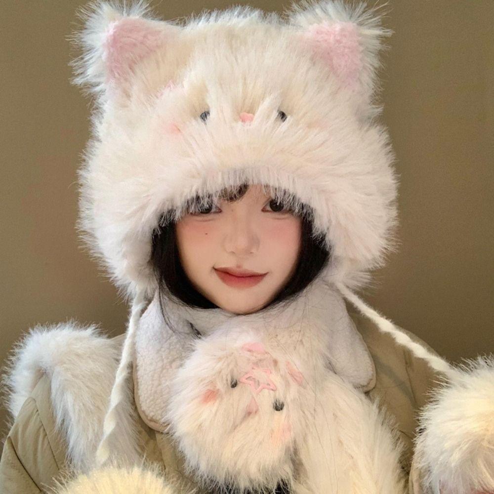 Soft Faux Rabbit Fur Scarf Cartoon Cat Neck Collar Cute Cartoon Hat Scarf  Winter