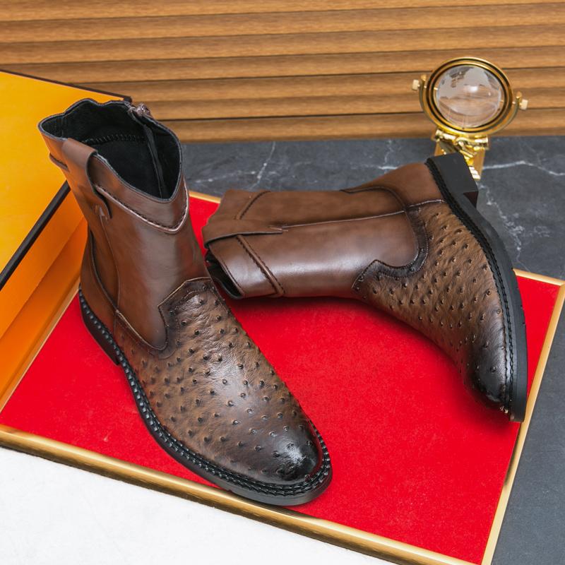 Fashion New Men Boot Trendy Outdoor Winter Platform Pointed Toe Mid Heel Motorcycle Boots Zipper Solid Color Pu Leather Rome Boots Men