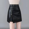 Юбка миди А-силуэта из черной кожи с завышенной талией в корейском стиле с разрезом