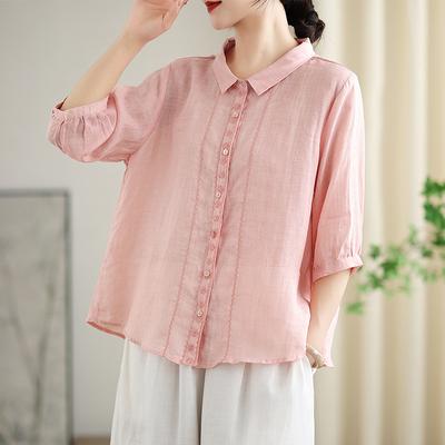 Летняя рубашка свободного кроя с короткими рукавами из хлопка и льна с вышивкой в литературном стиле, женская