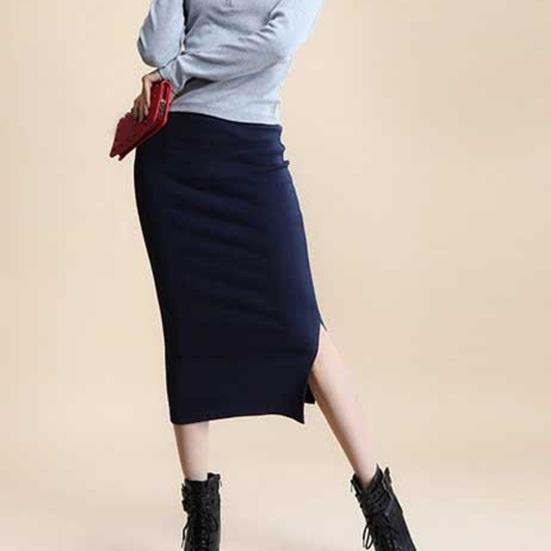 Women Midi Skirt Mid-rise Back Split Design Solid Color Knitting Skirt Hip Wrapped Office Lady Skirt