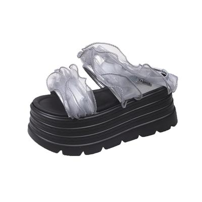 Модные женские шлепанцы на высоком каблуке 8 см, Новая летняя мода, Уличные сандалии с кружевными цветами, Удобная резиновая подошва, Массивные пляжные шлепанцы