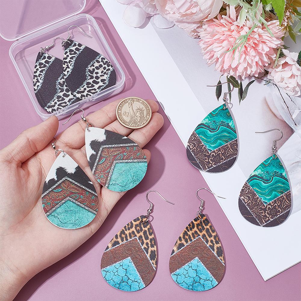 4 Pairs 4 Styles Leather Dangle Earrings, Teardrop, Mixed Color, 77.5~78.5x38.5mm, 1pair/style
