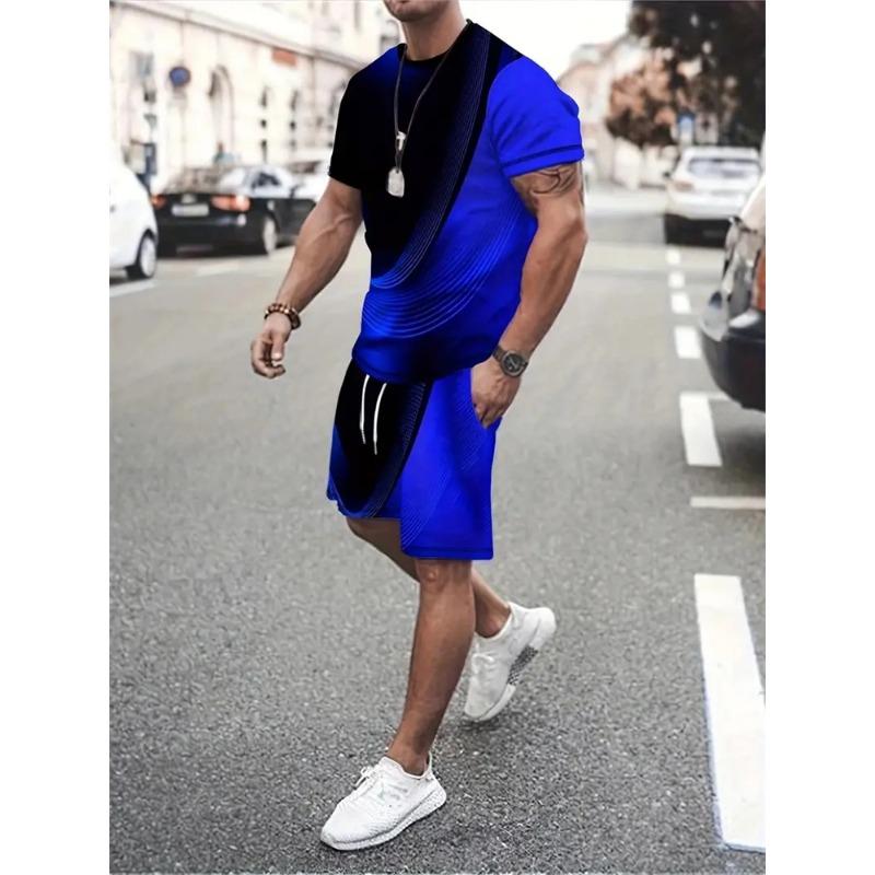 Новая футболка с градиентной текстурой, мужская летняя двухкомпонентная футболка, новый костюм с шортами, модная уличная повседневная спортивная одежда для мужчин, модели