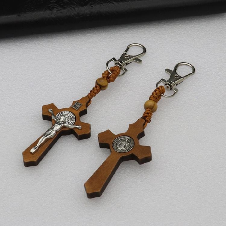 Деревянный крест Брелок Христианская вера Металлический брелок Сумка Шарм Аксессуар Держатель для ключей Подвеска Украшение Религиозный подарок