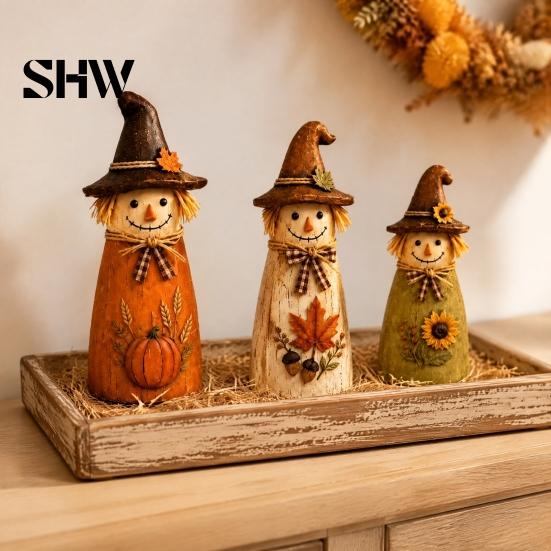 Unique Holiday Housewarming Gifts Vintage Resin Scarecrow Figurines, Fall Harvest Pumpkin Sunflower Maple Autumn Home Decor Leaf Tabletop Decor,
