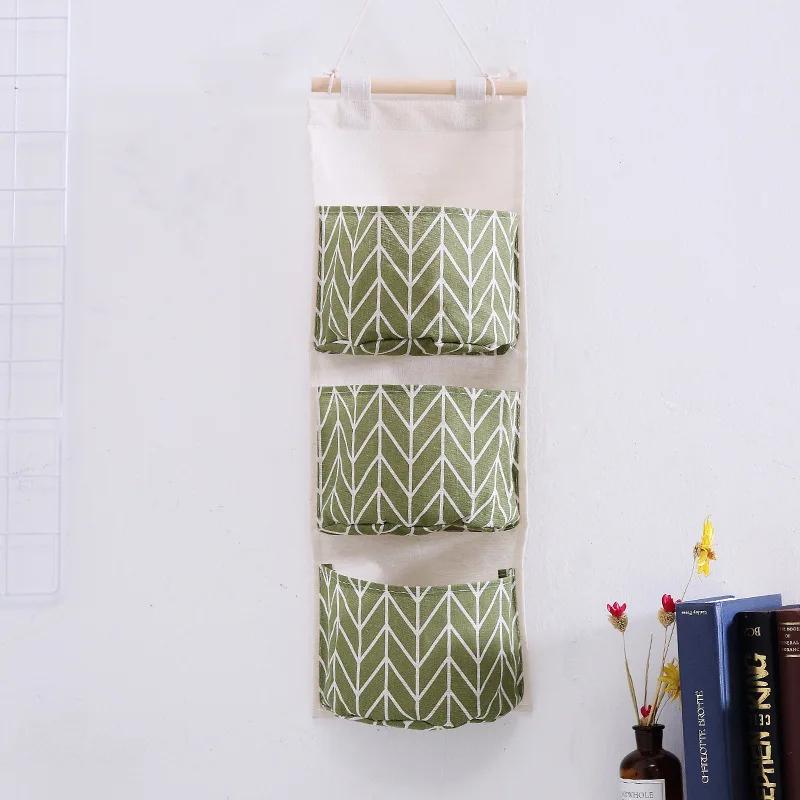 Three Pockets Hanging Wall Storage Bag Household Bedroom Living Room Kitchen Cotton Linen Storage Bag