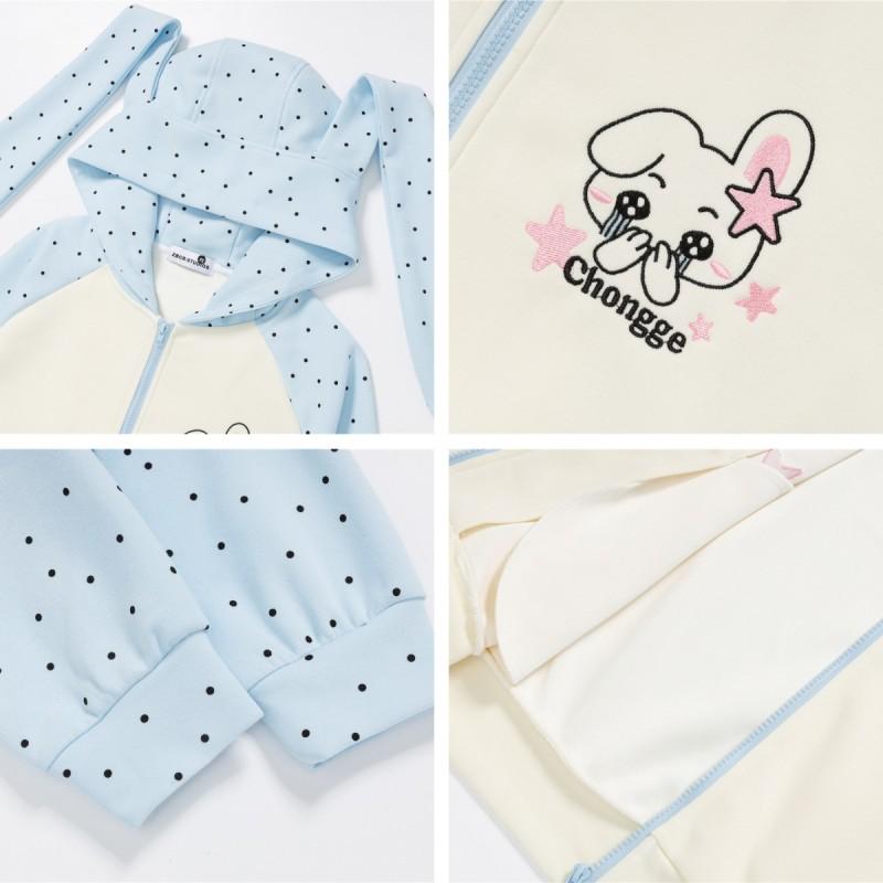American Vintage Cute Color Block Hoodie Men Women Long Rabbit Ear Polka Dot Star Embroidery Sweatshirt