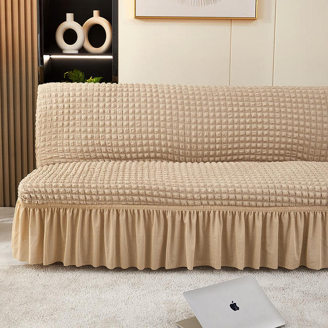 Solid Color Seersucker Fabric All Without Armless Sofa Bed Cover With Skirt Slipcover Fitted Couch Cover Washable Elastic Fabric