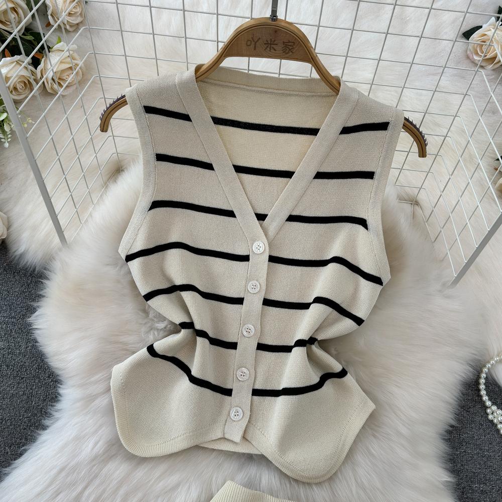 Комплекты из 2 предметов, женские наряды, полосатая вязаная майка без рукавов с v-образным вырезом + юбки с запахом, летняя юбка с высокой талией, модный комплект, Прямая поставка