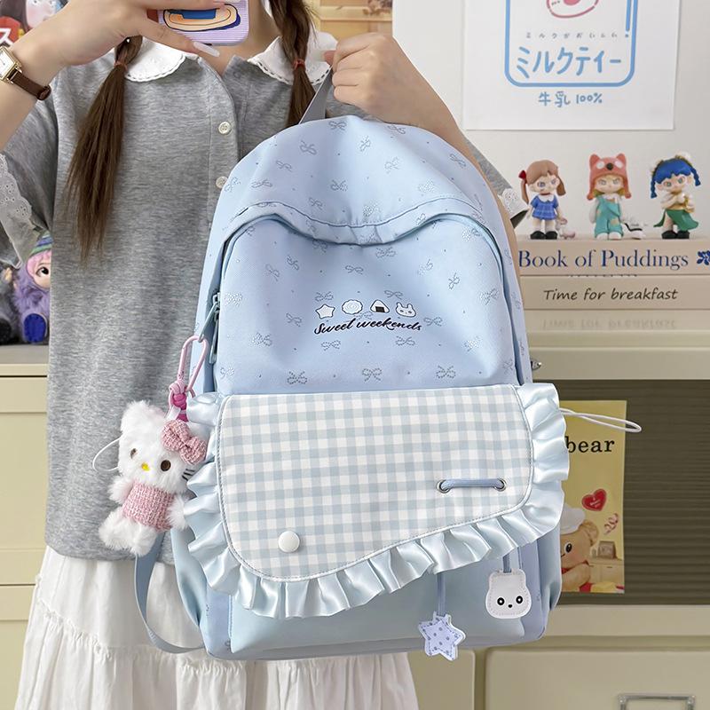 Schoolbag Waxy Jiji Cream Lotus Leaf Edge School Bag Niche Bow Embroidery Girl Plaid Color Matching Junior High School Backpack