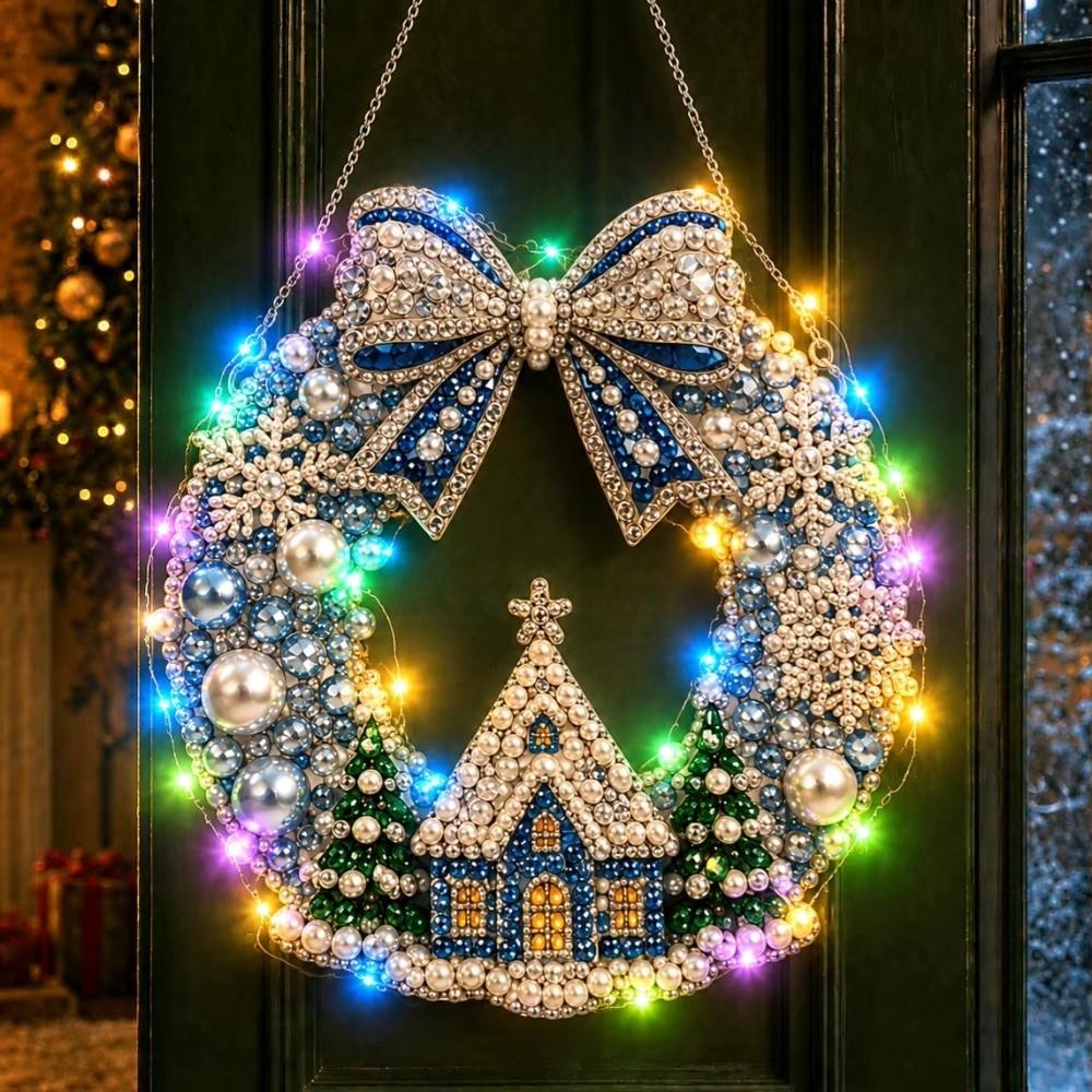 With LED String Light Diamond Art Wreath Diamond Sticking Hanging Wreath LED Wreath Holiday Gift