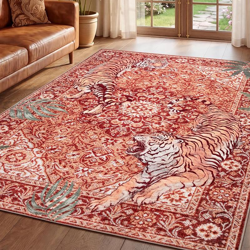 Living Room Carpet Non-slip Machine Washable Soft Comfortable Faux Cashmere Washed Floor Mat Retro Bohemian Tiger Pattern Rug