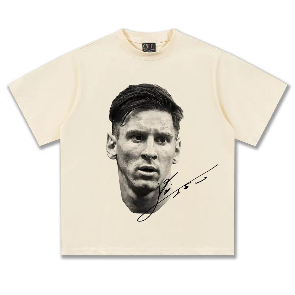 Men's Short Sleeve Messi Football Head Vintage Print Fashion Loose Heavy Oversized Streetwear Y2k Short Sleeve Female Male Clothing