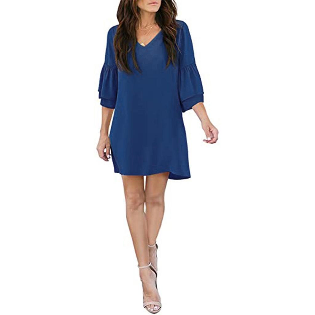 Women's Dress Sweet And Cute V-neck Bell Shaped Sleeves Solid Loose Fitting Dress  Dress