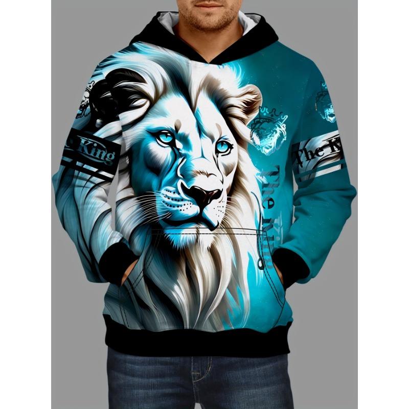 Lion 3d Print Hoodies For Men, Graphic Hoodie With Kangaroo Pocket, Comfy Loose Trendy Hooded Pullover, Mens Clothing for Winter