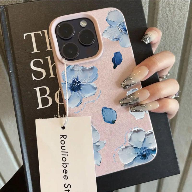 Элегантный Синий Масляный Рисунок Цветок Чехол для Телефона Для iPhone 16 Pro Max 15 Plus 14 13 12 11 17 Air XS XR X Чехол из Искусственной Кожи