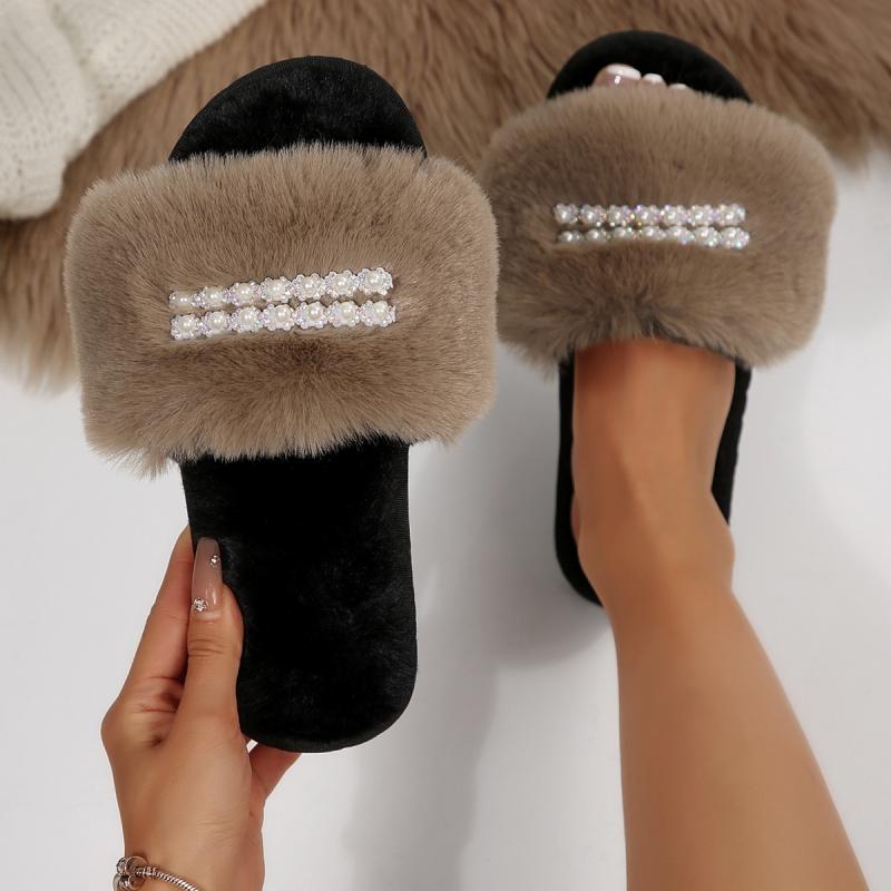 Fashion Luxury Lace Pearl Decoration Faux Fur Slides Women 2025 Winter Warm Long Plush Furry Slippers Fashion Soft Thick Bottom Slippers