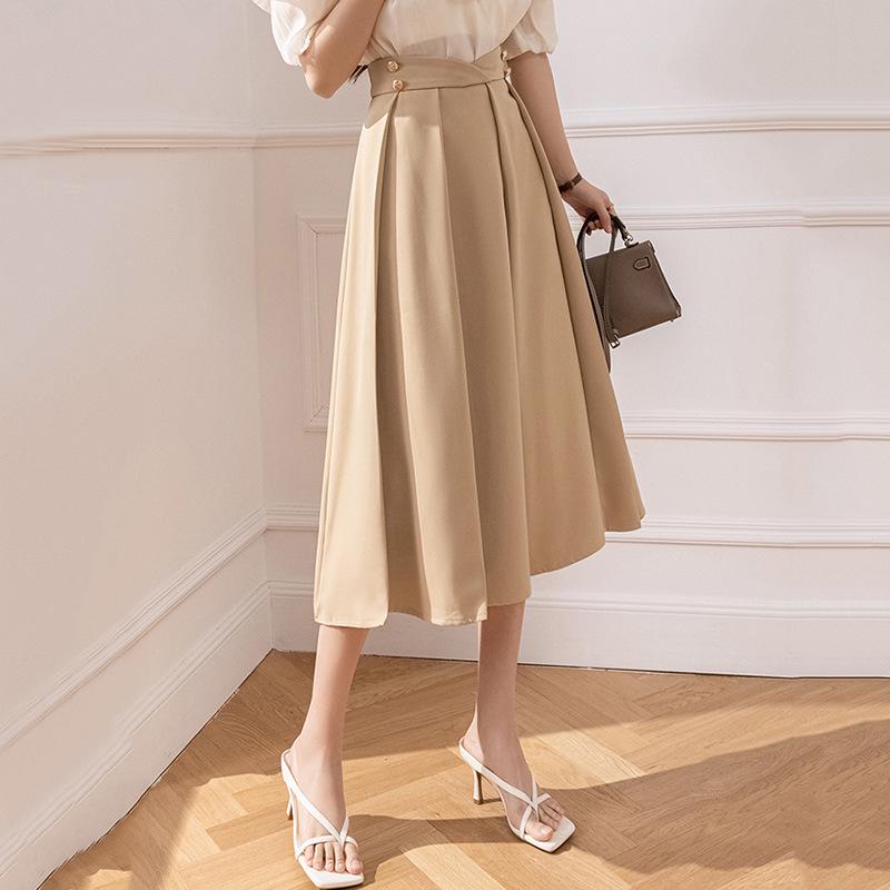 2024 Women's Summer A-line Pleated Midi Skirt - High-waisted, Hip-covering, Slimming Fit