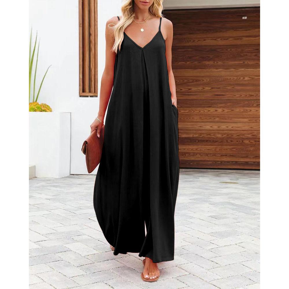 Женский летний однотонный повседневный комбинезон с карманами и широкими штанинами