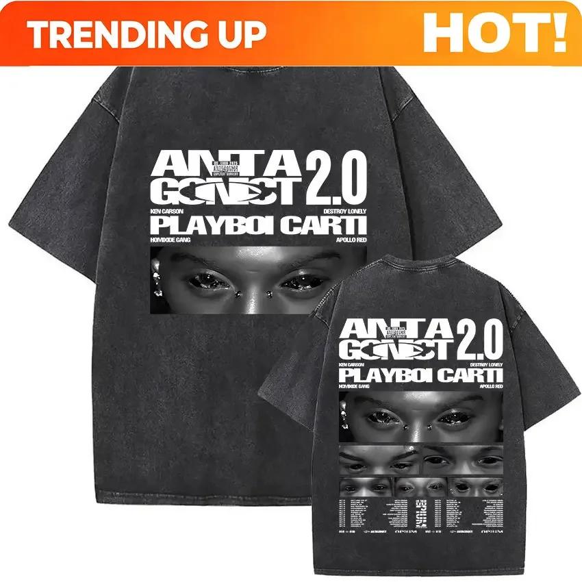 Customization Rapper PLAYBOI CARTI ANTAGONIST Tour 2025 Merch T-Shirt Men's Gothic Hip Hop Short Sleeve T Shirt Vintage Washed T