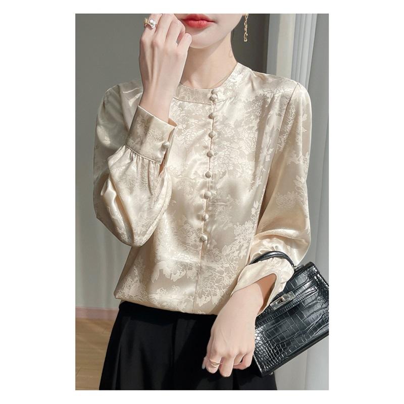 Женская шелковая рубашка из сатина с жаккардовым узором Весна Лето Новая с круглым вырезом с длинным рукавом Стильная и удобная рубашка