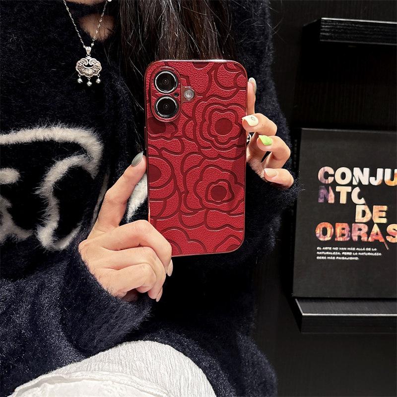 Luxury 3D Imprint Camellia Flower Leather Phone Case For iPhone 11 12 13 Pro 14 15 16 Pro Max Plus Anti Drop Protective Case