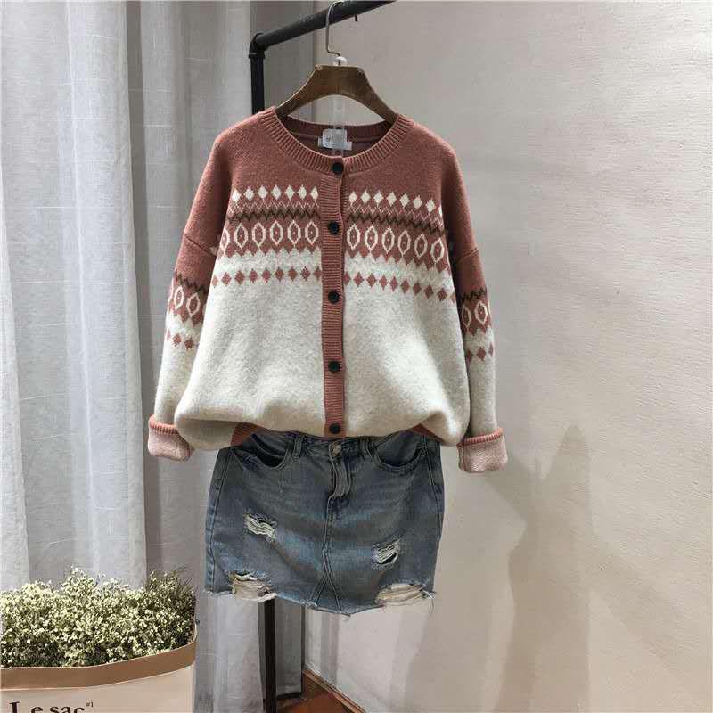 Весна Осень Винтаж Жаккард Круглый Вырез Вязаный Кардиган Женский Дикий Плюс Размер Свитер Пальто