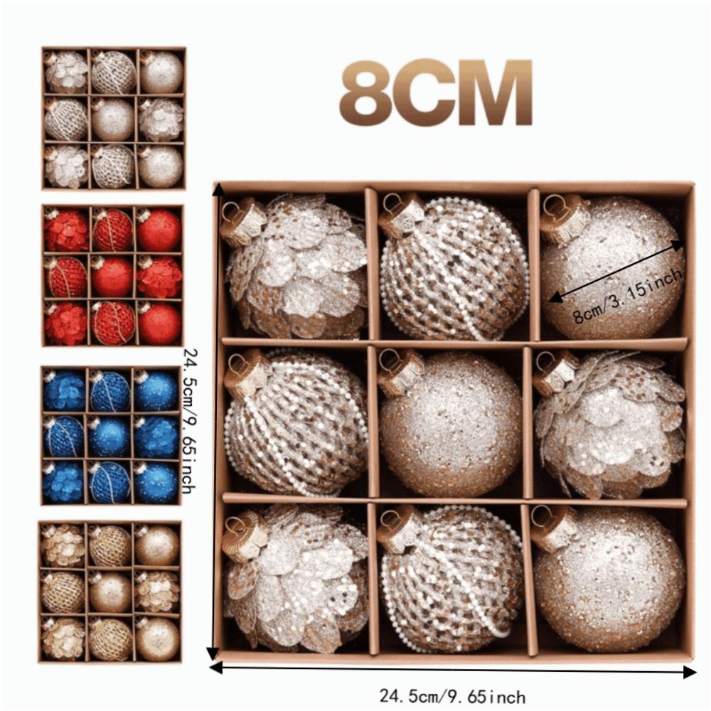 9PCS 8CM Christmas Ball Ornaments Glitter Xmas Spheres Pendant Set New Year