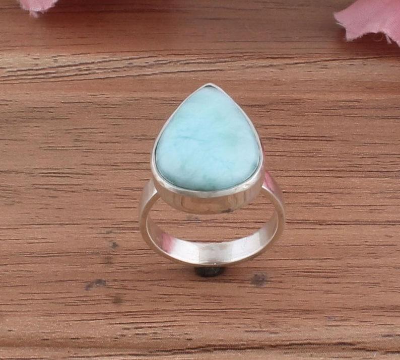 Solid 925 Sterling Silver Natural larimar Gemstone Handmade Designer Ring Boho Jewelry Gift For Her