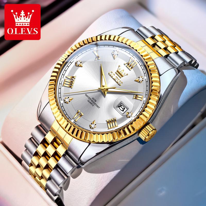 Мужские водонепроницаемые светящиеся кварцевые часы Oulishi Gold с стальным ремешком