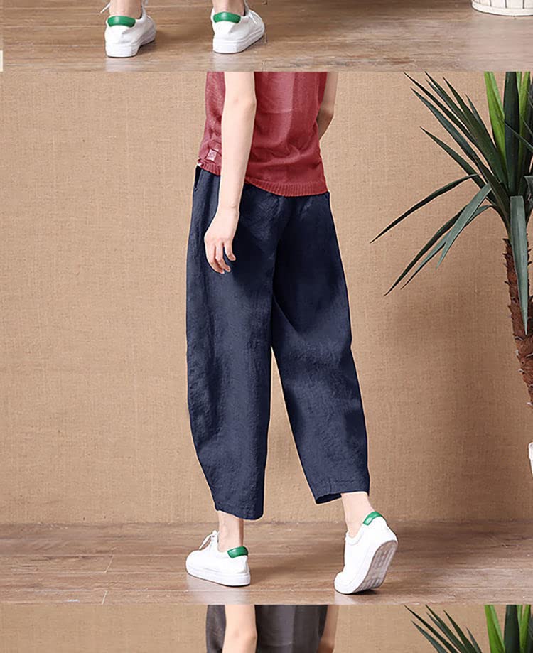 Хлопковые шаровары, свободные простые повседневные брюки с эластичной талией, летние укороченные брюки темно-синего цвета [JINJUDUO] женские (Л, синий)