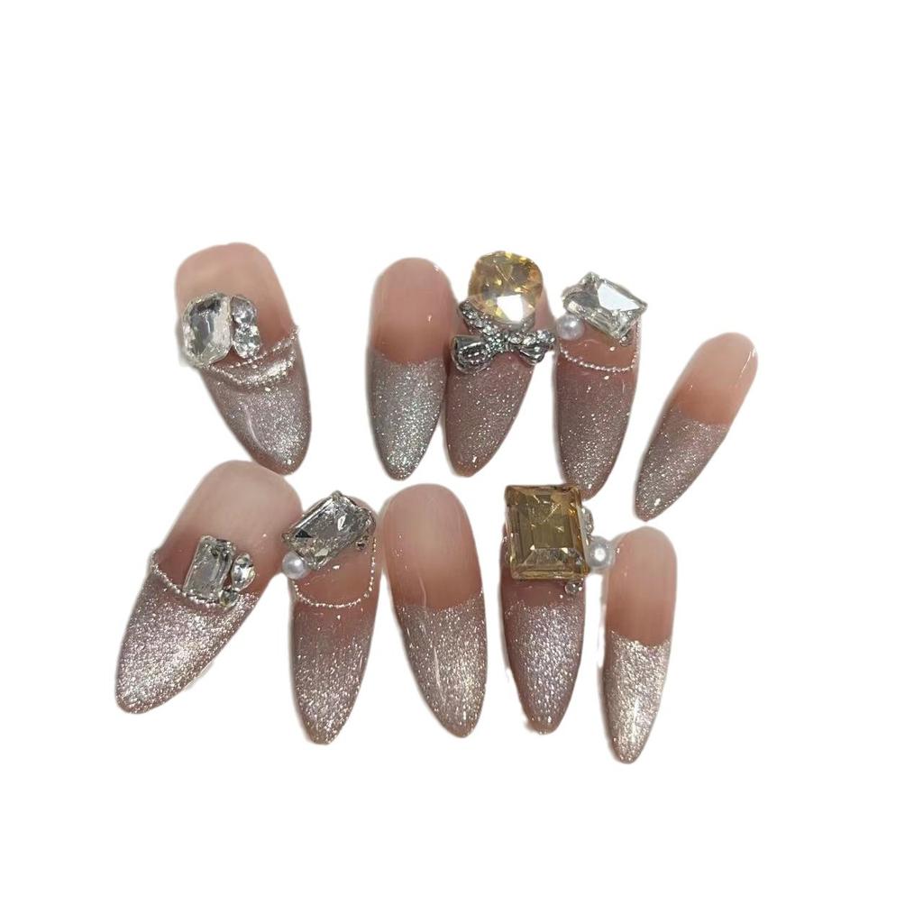 Wearing Armor Pure Handmade Manicure Finished Fake Nail Patches High-end Light Luxury Light Chase Cat Eye Gradient Nude Color French Style